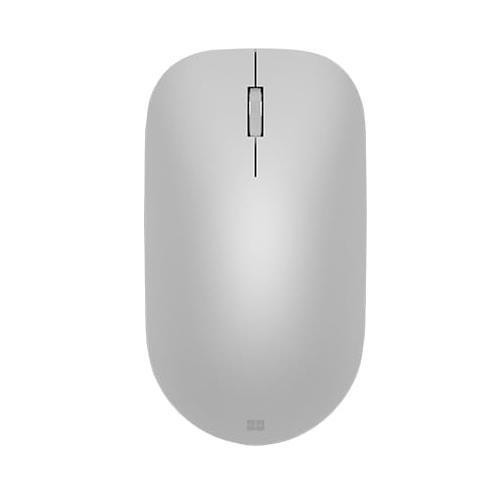 Vista superior de un ratón gris de Microsoft. Tiene una rueda de desplazamiento y un logo.