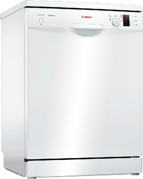 Lavavajillas Bosch blanco con panel de control y logo Bosch al frente.