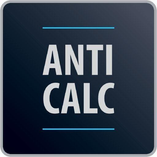 Cuadrado azul oscuro con texto blanco que dice 'ANTI CALC' y líneas azules.