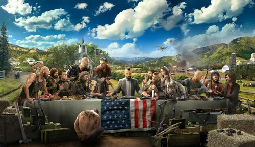Imagen de la Última Cena con personajes de un videojuego. Bandera americana en medio.