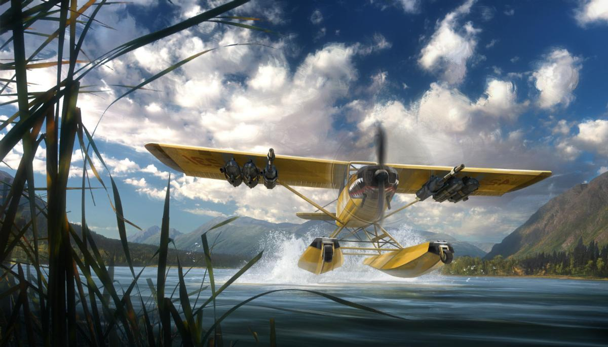 Un hidroavión amarillo vuela sobre el agua, creando una estela. Montañas y cielo al fondo.