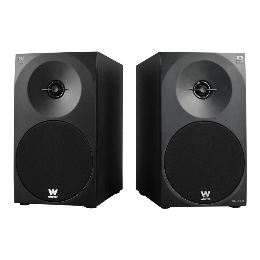 Dos altavoces negros con la letra "W", fondo blanco.