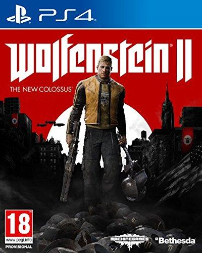 Portada del juego Wolfenstein II. Un hombre con una chaqueta de cuero sostiene un arma. Fondo rojo con siluetas de ciudad.