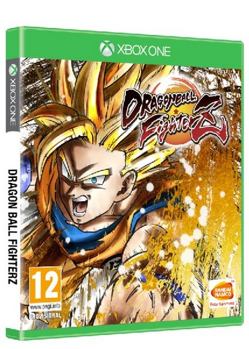 Caja del juego Dragon Ball FighterZ para Xbox One. Arte colorido de Goku. Caja verde con texto.