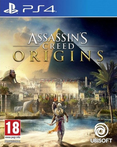 Caja del juego Assassin's Creed Origins. Pirámide, personajes y barcos en el fondo.