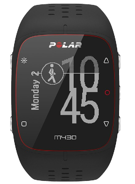 Reloj deportivo Polar M430 negro. Muestra hora, lunes e icono caminando. Detalles rojos.