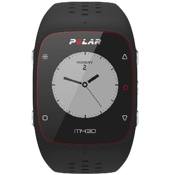 Reloj Polar M430 negro con pantalla circular que muestra la hora y la fecha Lunes 2.