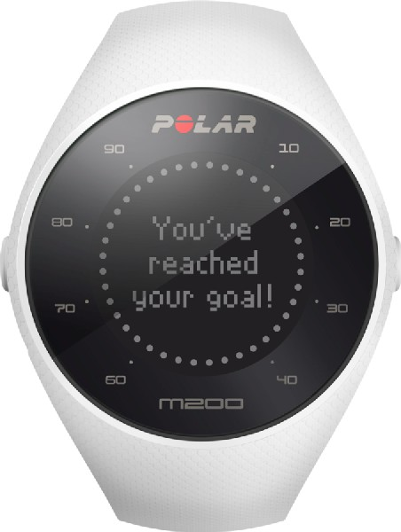 Smartwatch Polar M200 blanca que muestra un mensaje de 'objetivo alcanzado' en su pantalla.