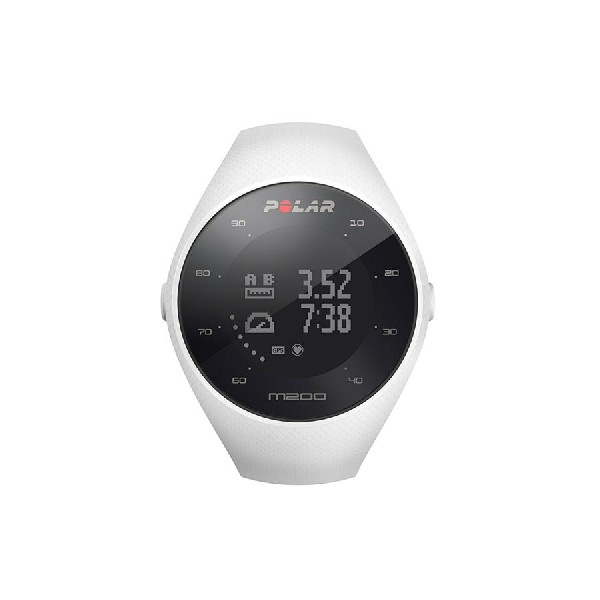 Un reloj inteligente Polar M200 blanco con una pantalla negra que muestra la hora, la actividad y los datos del GPS.