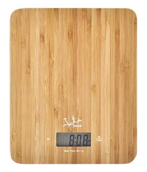 Una báscula de cocina de bambú con una pantalla digital que muestra 8:08.