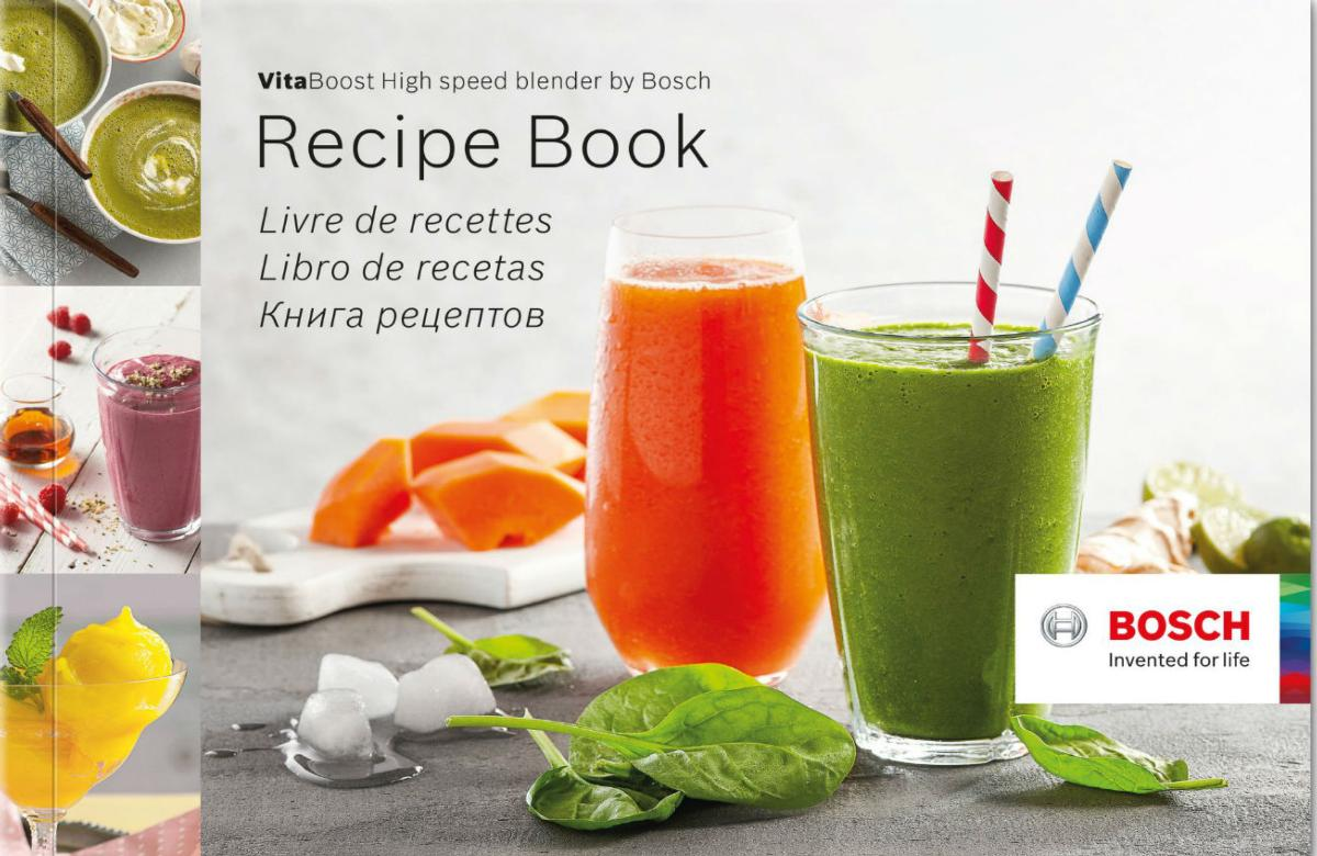 Un libro de recetas con bebidas e ingredientes sobre una superficie blanca, logo Bosch en la esquina.