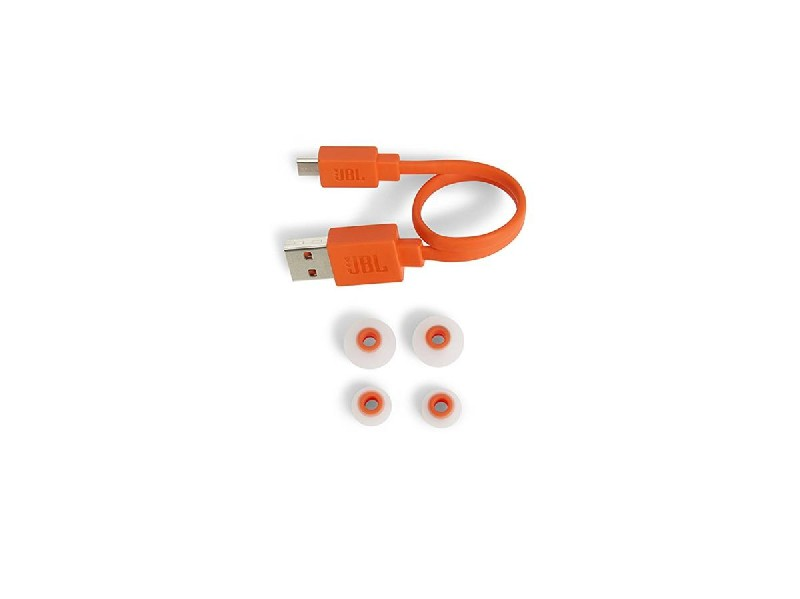 Cable de carga USB naranja y puntas de auricular. Cable con el logotipo de JBL.