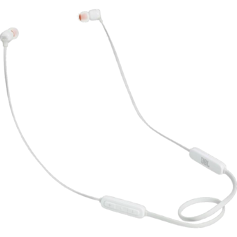 Auriculares JBL blancos con cables blancos y un módulo de control.
