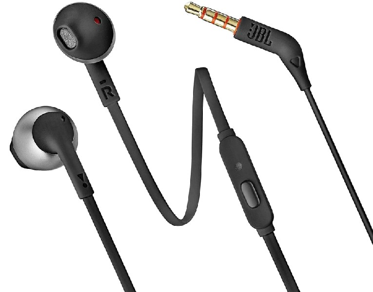 Auriculares JBL negros con acento rojo y botón de control.