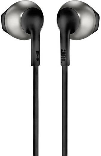 Auriculares internos JBL negros y plateados con cables negros.