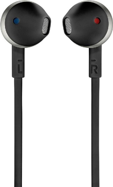 Auriculares negros con marcas 'L' y 'R' y detalles plateados.