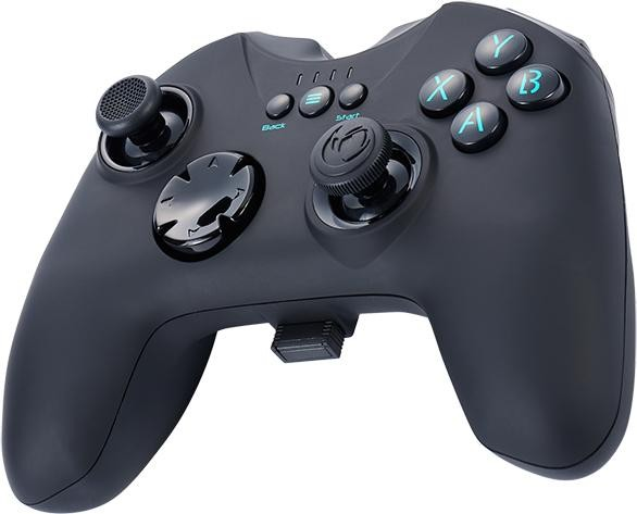 Un gamepad negro con botones Y, X, B. Hay dos joysticks. El gamepad está sobre un fondo blanco.