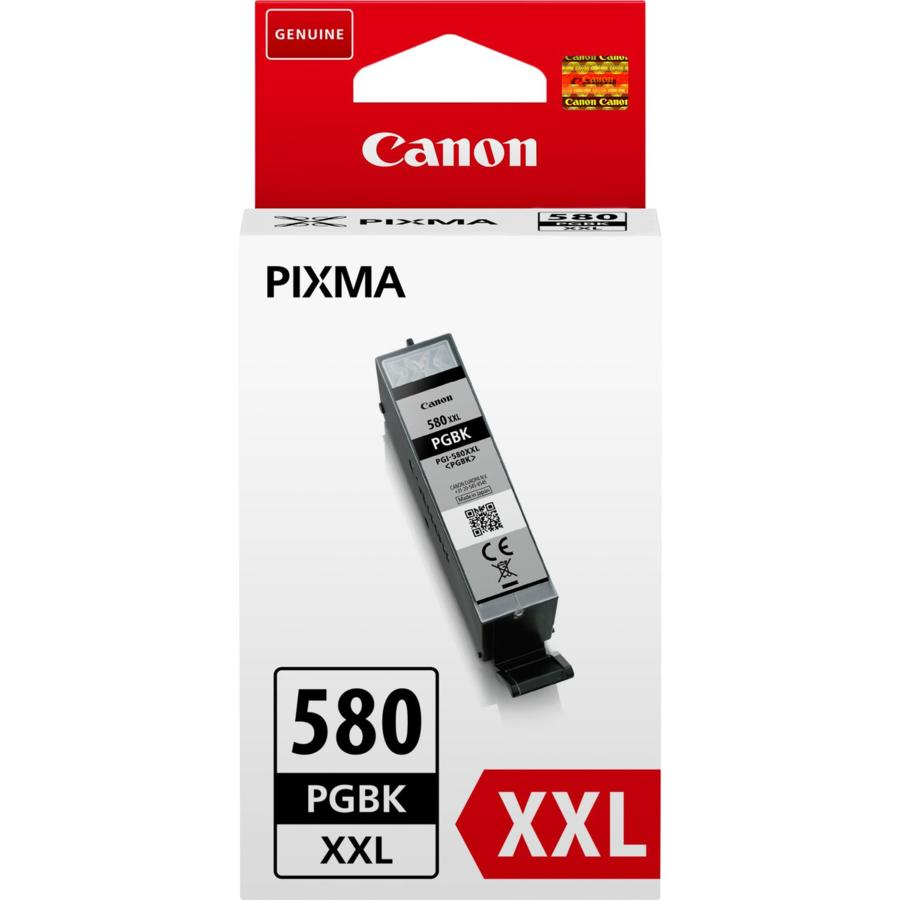 Caja de cartucho de tinta Canon Pixma, roja, blanca y negra, con el cartucho visible.