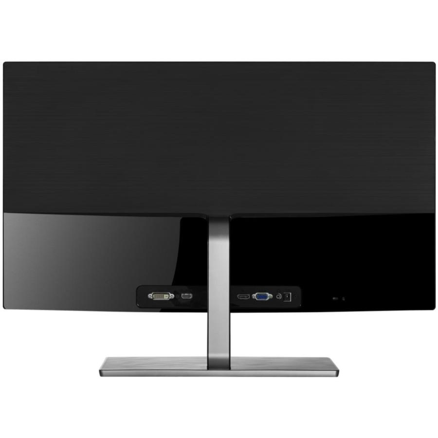 Parte trasera de un monitor de computadora negro. Muestra puertos para conectar dispositivos.