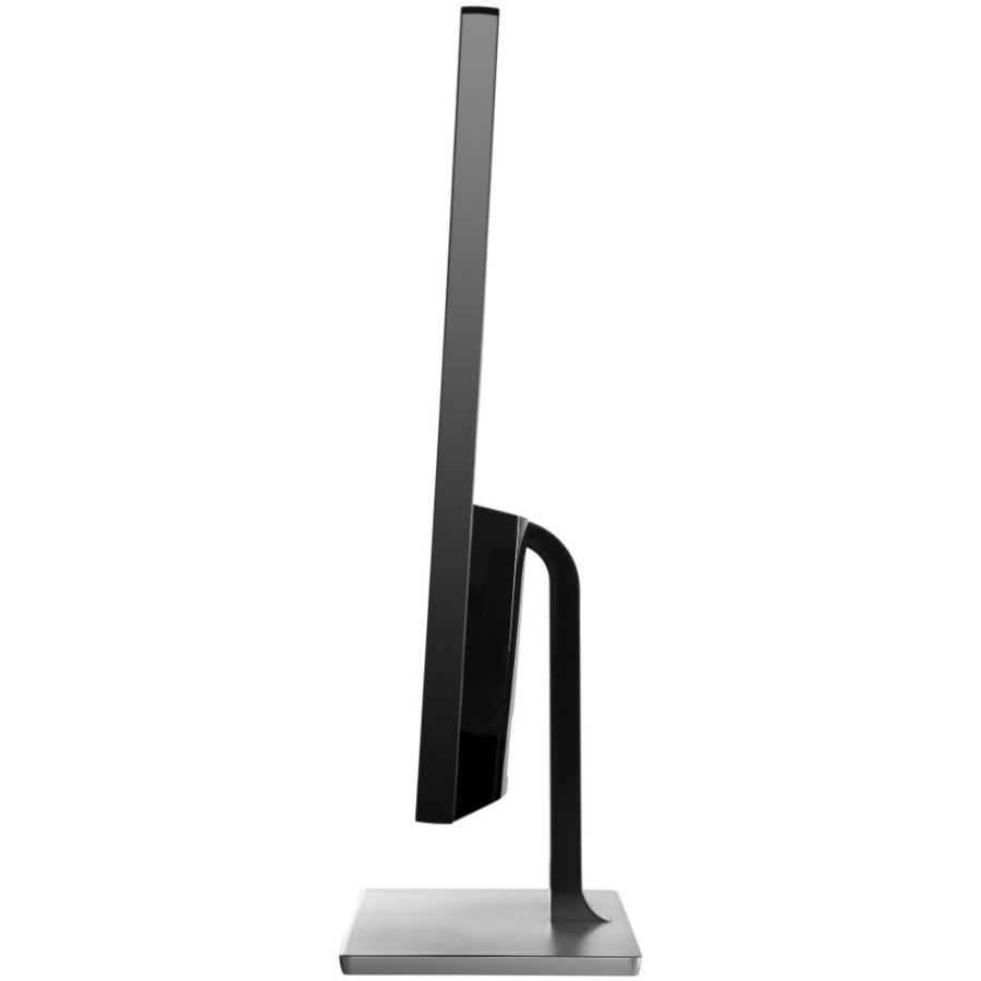 Vista lateral de un monitor de ordenador negro con base plateada. Tiene un diseño delgado.