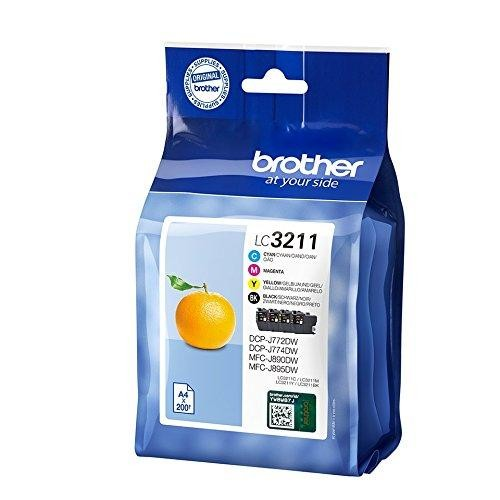 Una bolsa de plástico azul con cartuchos de tóner Brother, tinta naranja y negra y texto.