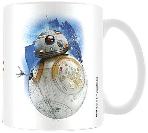 Taza de Star Wars BB-8. Blanca, con ilustración de BB-8 en el lateral. Logotipo de Star Wars y fondo azul.