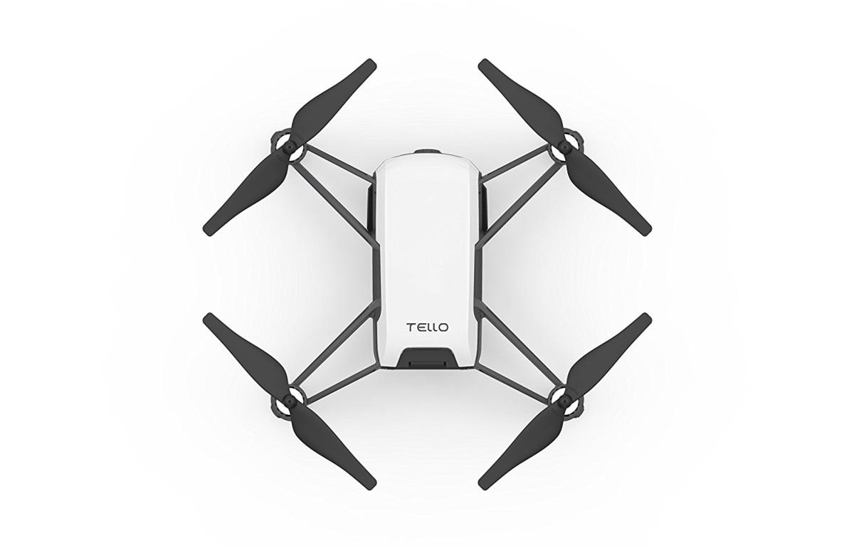 Dron blanco y negro con cuatro hélices negras. La palabra 'TELLO' está arriba.