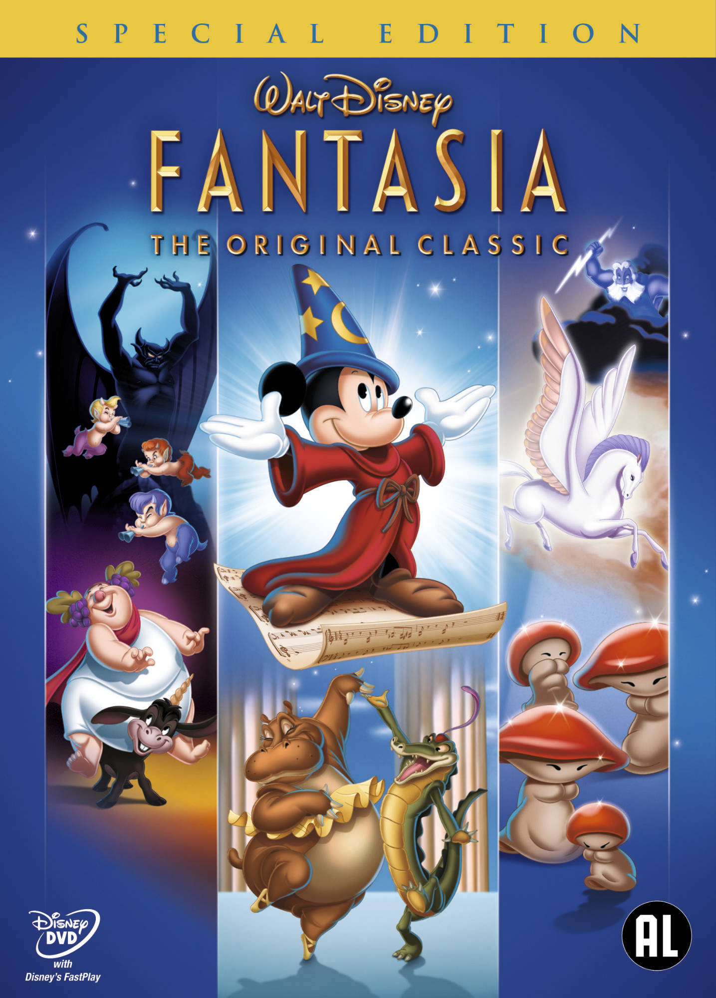 Couverture DVD pour 'Fantasia'. Mickey Mouse en tenue de magicien, plusieurs personnages de dessins animés.
