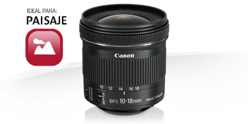 Lente Canon 10-18mm con cuerpo negro. El texto 'Paisaje' está a la izquierda.