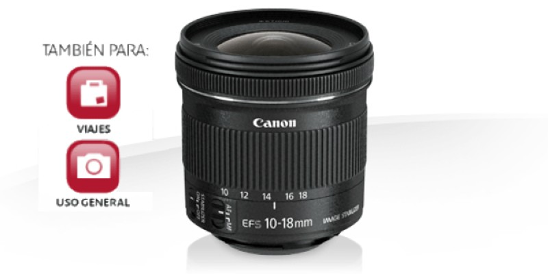 Lente de cámara negra con la marca Canon. La lente está sobre fondo blanco.