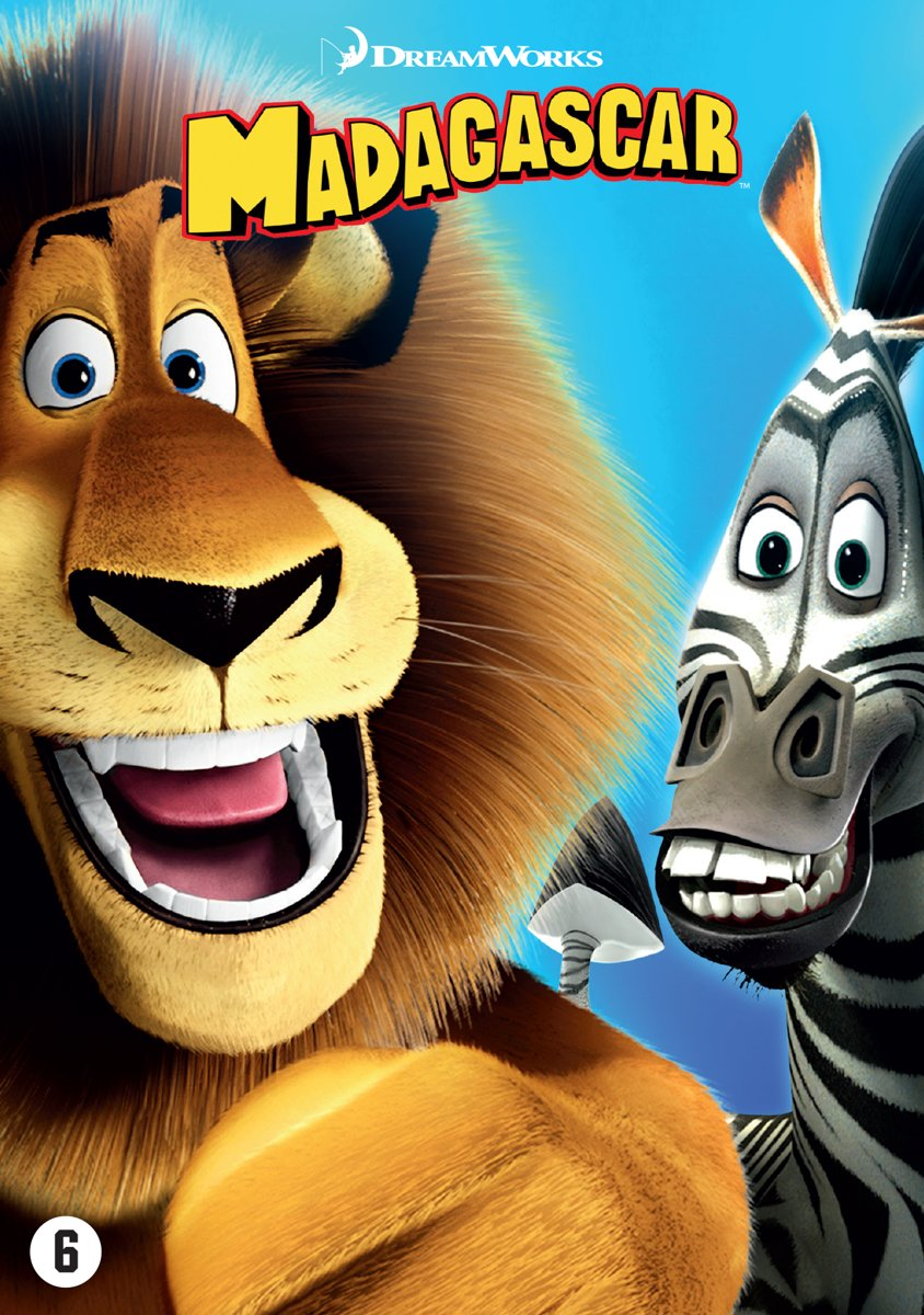 Couverture DVD Madagascar. Lion et zèbre sur fond bleu. Logo DreamWorks en haut.