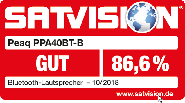 Rotes Rechteck mit weißem Text. 'SATVISION', 'Peaq PPA40BT-B', 'GUT', '86,6 %', 'Bluetooth-Lautsprecher' und 'www.satvision.de'.