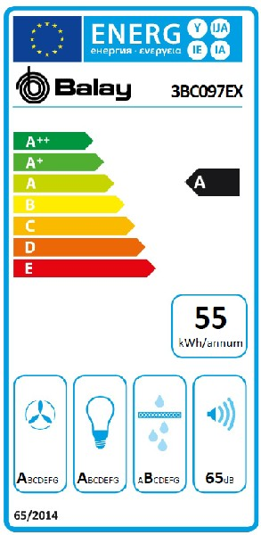 Etiqueta energética, varios colores con texto e imágenes para un aparato Balay.