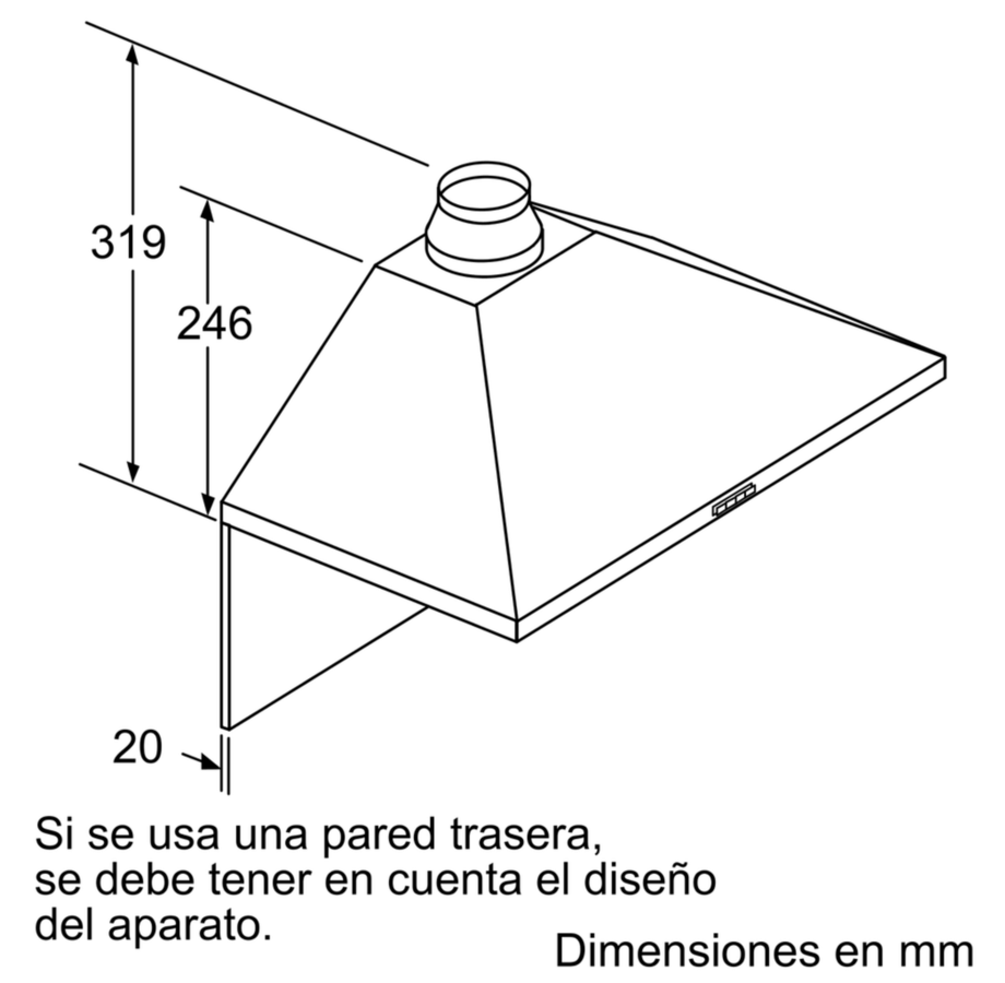 Dibujo técnico en blanco y negro de una campana extractora con dimensiones en mm.