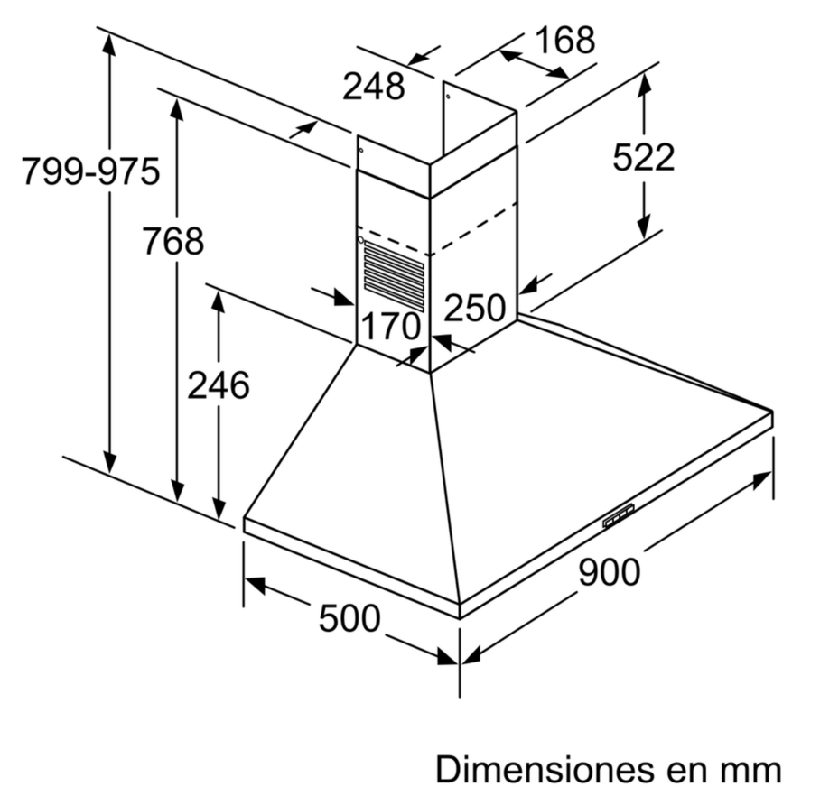 Dibujo técnico de una campana extractora con dimensiones en mm. Es un diagrama en blanco y negro con varias flechas.