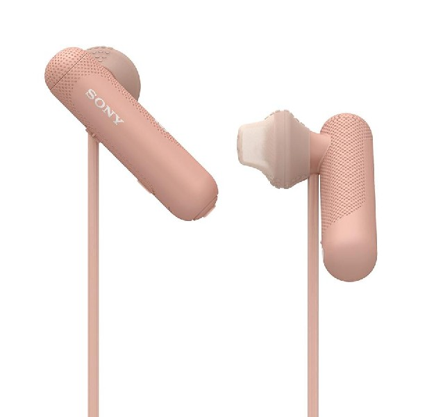 Auriculares inalámbricos rosas de Sony. Un auricular tiene una punta blanca.
