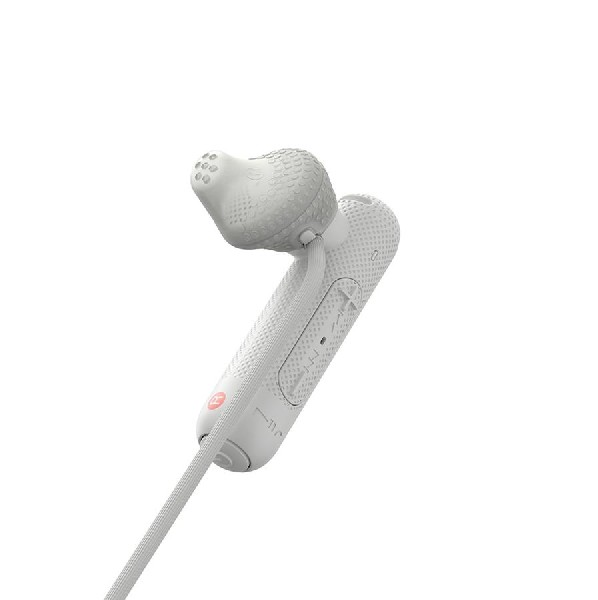 Auriculares inalámbricos blancos con micrófono, angulados hacia la izquierda.