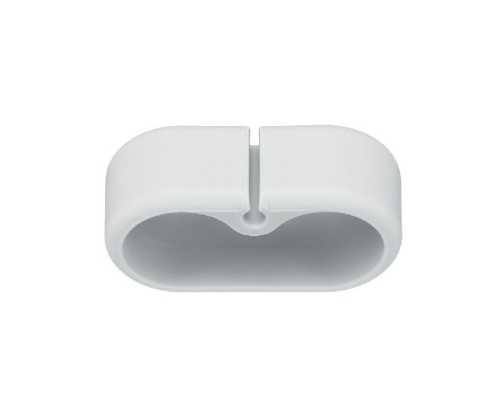 Un organizador de cables blanco con una ranura en el medio, diseñado para sujetar y gestionar cables.