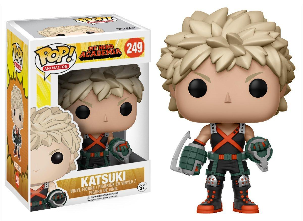 Figura Funko Pop de Katsuki Bakugo y caja. Pelo rubio, atuendo naranja y negro.