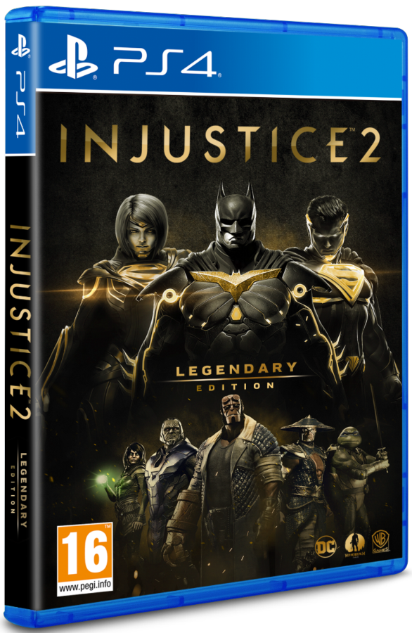 Caja del juego Injustice 2 Legendary Edition para PS4. Muestra varios personajes y el logo de DC Comics.