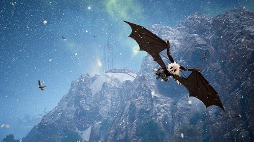 Una escena de videojuego con una criatura voladora y montañas nevadas en el fondo.