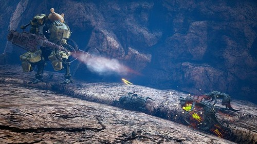 Un robot futurista disparando un arma a criaturas alienígenas en un entorno rocoso.