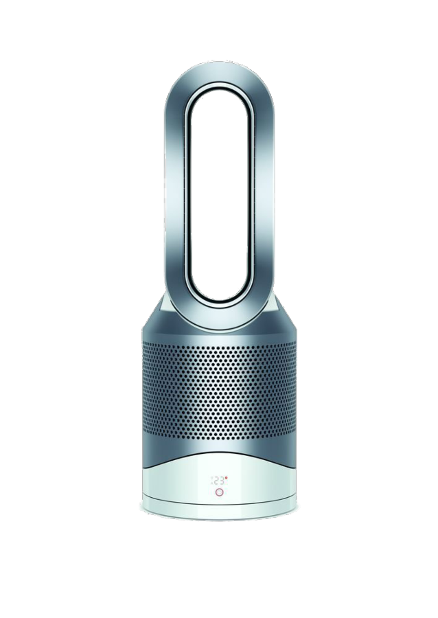 Ventilador purificador de aire Dyson. Es plateado y blanco, alto y ovalado.