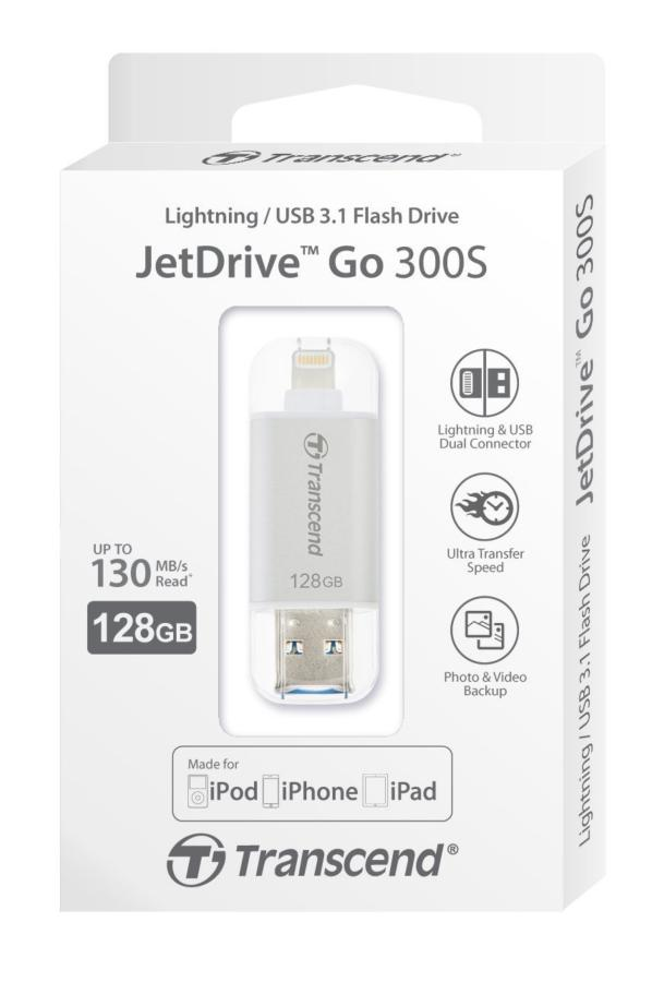 Pendrive de 128 GB - Transcend JetDrive Go 300, USB 3.1, Lightning, Plata