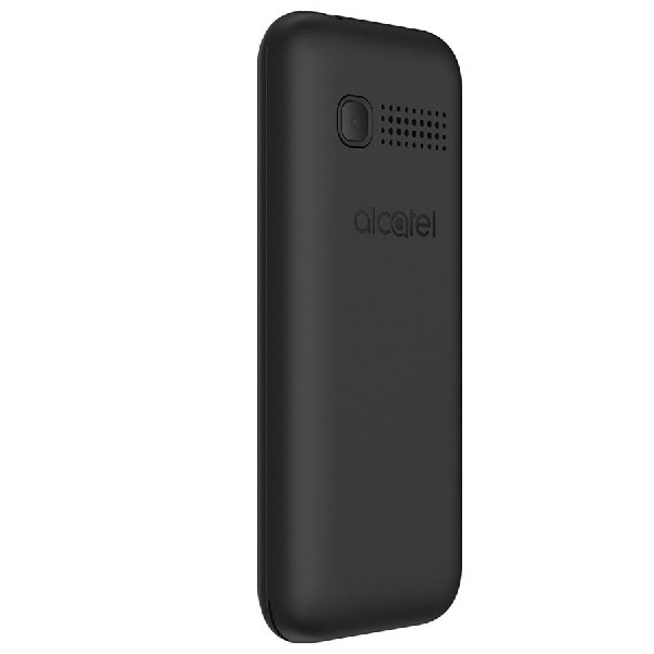 Un teléfono Alcatel negro, vista trasera, con cámara y altavoz.