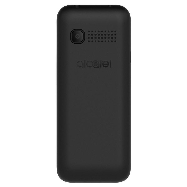 La parte trasera de un teléfono Alcatel negro con cámara, altavoz y logotipo.