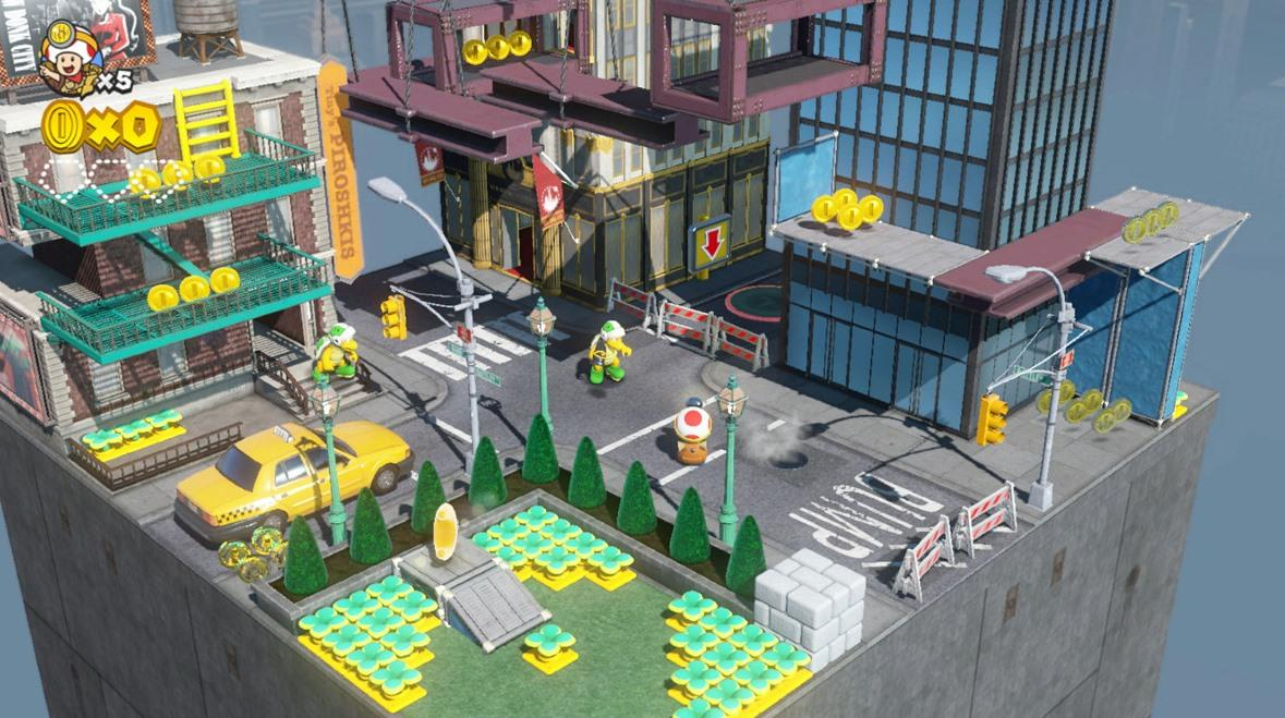 Un nivel de ciudad de Super Mario Odyssey. Presenta edificios, carreteras, personajes y monedas.