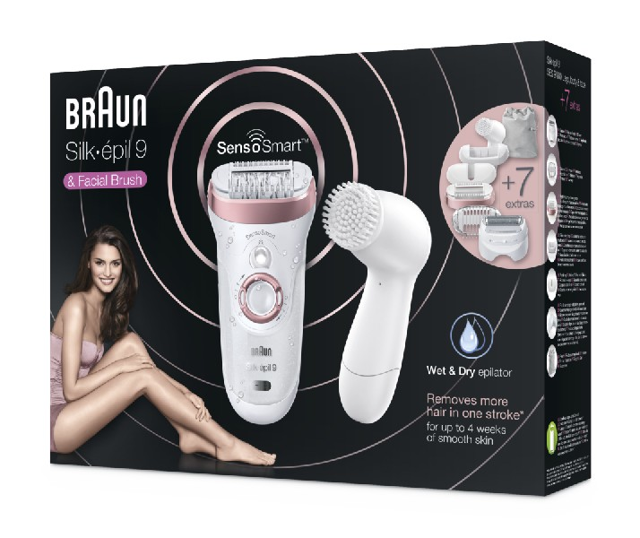 Depiladora - Braun Silk-épil 9 9/880, Wet & Dry, SensoSmart, Inalámbrica, Cabezal extra ancho,