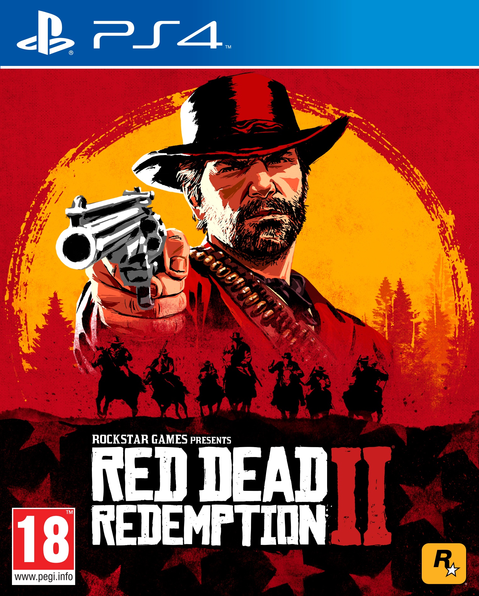 Red Dead Redemption II PS4 oyun kapağı. Silah tutan bir adam, atlar ve kırmızı metin içerir.