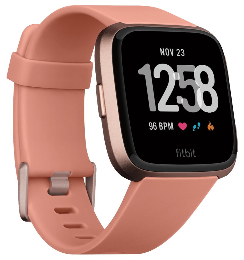 Un reloj inteligente color salmón con pantalla negra. Muestra hora, fecha y frecuencia cardíaca.